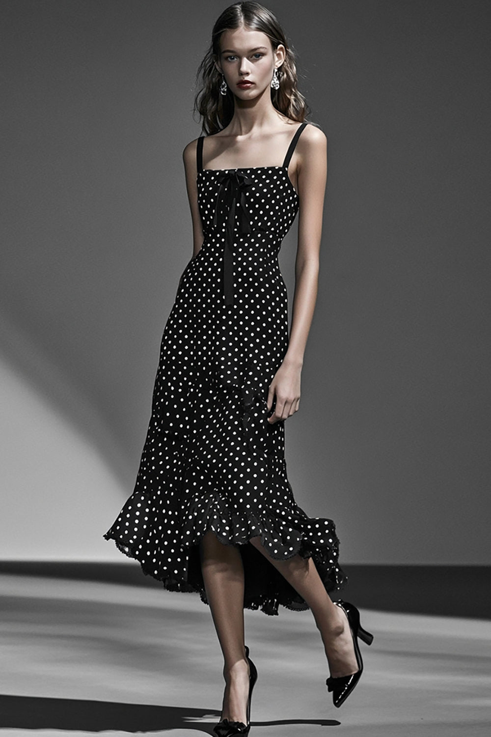 Boho Black and White Chiffon A Line Maxi Polka Dot Dress with Ruffles