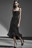 Boho Black and White Chiffon A Line Maxi Polka Dot Dress with Ruffles