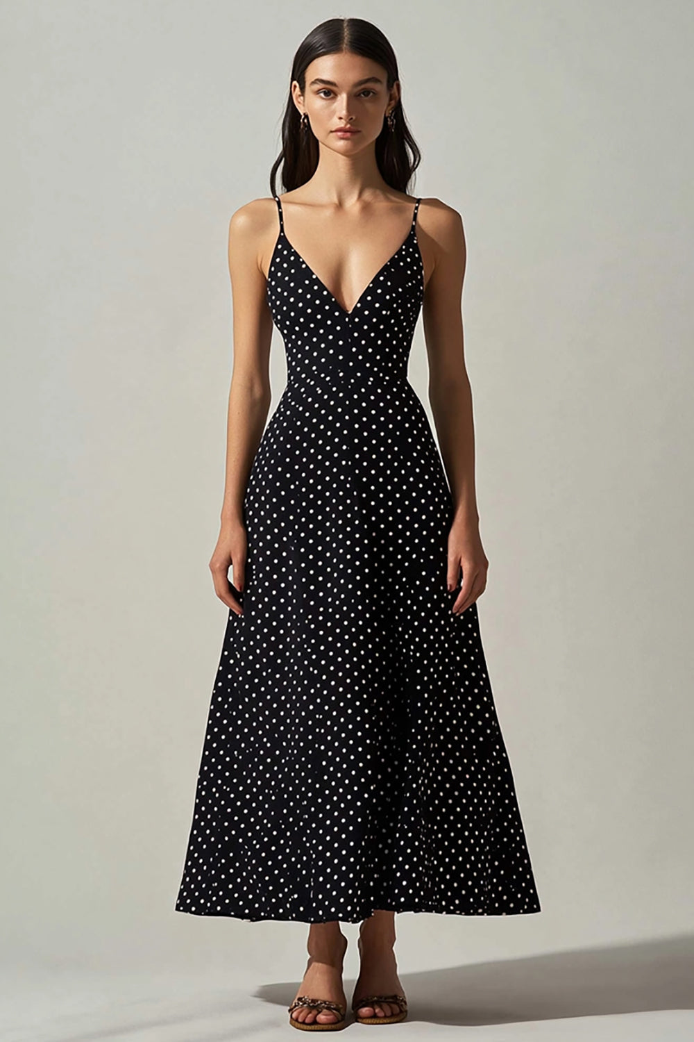 Boho Black and White Chiffon A Line Spaghetti Straps Maxi Polka Dot Dress