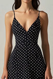 Boho Black and White Chiffon A Line Spaghetti Straps Maxi Polka Dot Dress