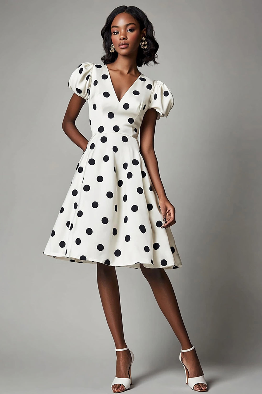 Boho White and Black Satin V-Neck Puff Sleeves Midi Polka Dot Dress