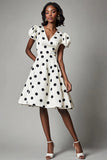 Boho White and Black Satin V-Neck Puff Sleeves Midi Polka Dot Dress