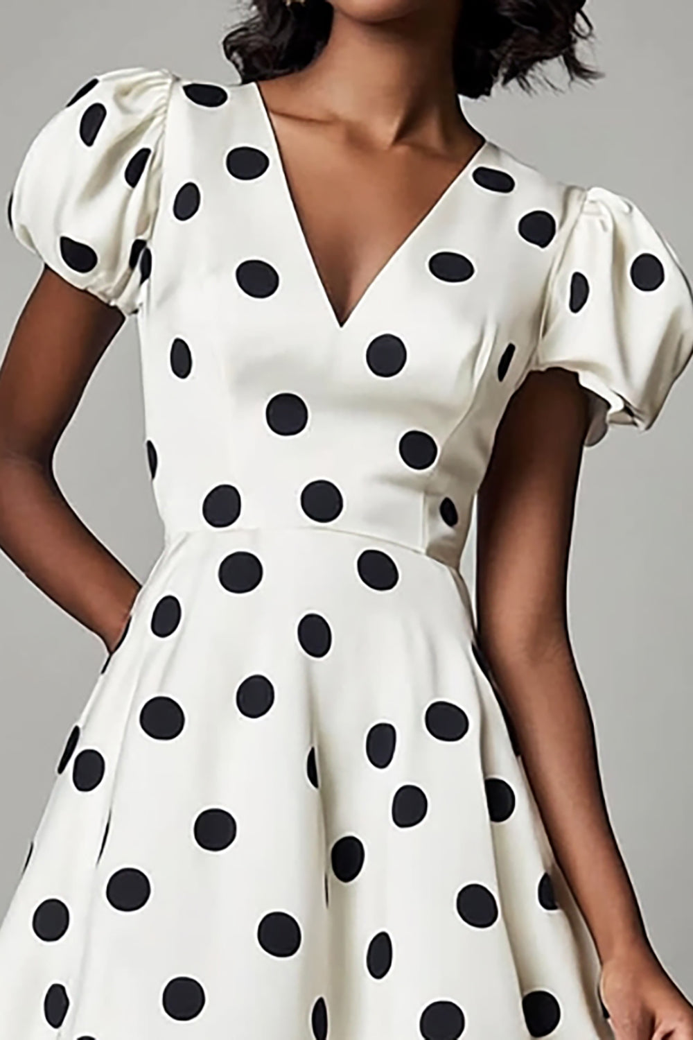 Boho White and Black Satin V-Neck Puff Sleeves Midi Polka Dot Dress