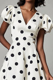 Boho White and Black Satin V-Neck Puff Sleeves Midi Polka Dot Dress