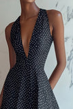 Black and White Deep V-Neck Satin Short A Line Polka Dot Dress