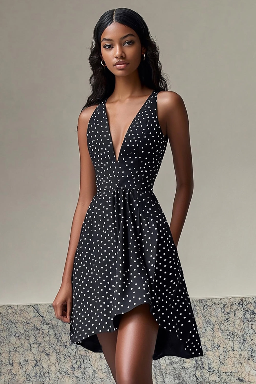 Black and White Deep V-Neck Chiffon A Line Short Polka Dot Dress
