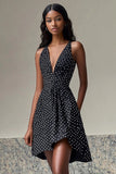 Black and White Deep V-Neck Chiffon A Line Short Polka Dot Dress