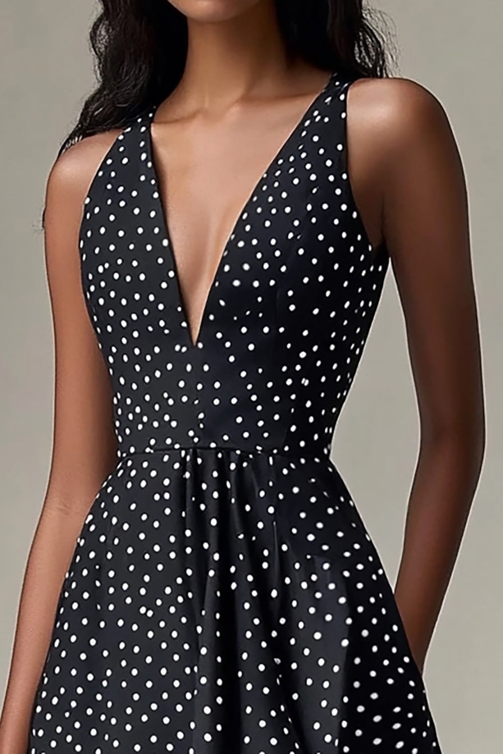 Black and White Deep V-Neck Chiffon A Line Short Polka Dot Dress