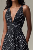 Black and White Deep V-Neck Chiffon A Line Short Polka Dot Dress