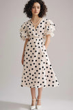 Black and Ivory Chiffon V-Neck A Line Maxi Boho Polka Dot Dress with Ruffles