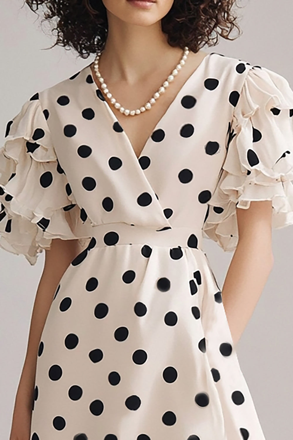 Black and Ivory Chiffon V-Neck A Line Maxi Boho Polka Dot Dress with Ruffles