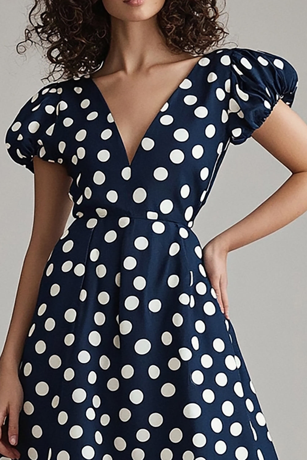 Navy and White Satin V-Neck A Line Maxi Polka Dot Dress with Puff Sleeves