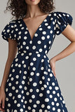 Navy and White Satin V-Neck A Line Maxi Polka Dot Dress with Puff Sleeves