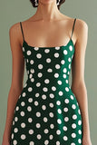 Green and White Chiffon Spaghetti Straps A Line Boho Maxi Polka Dot Dress