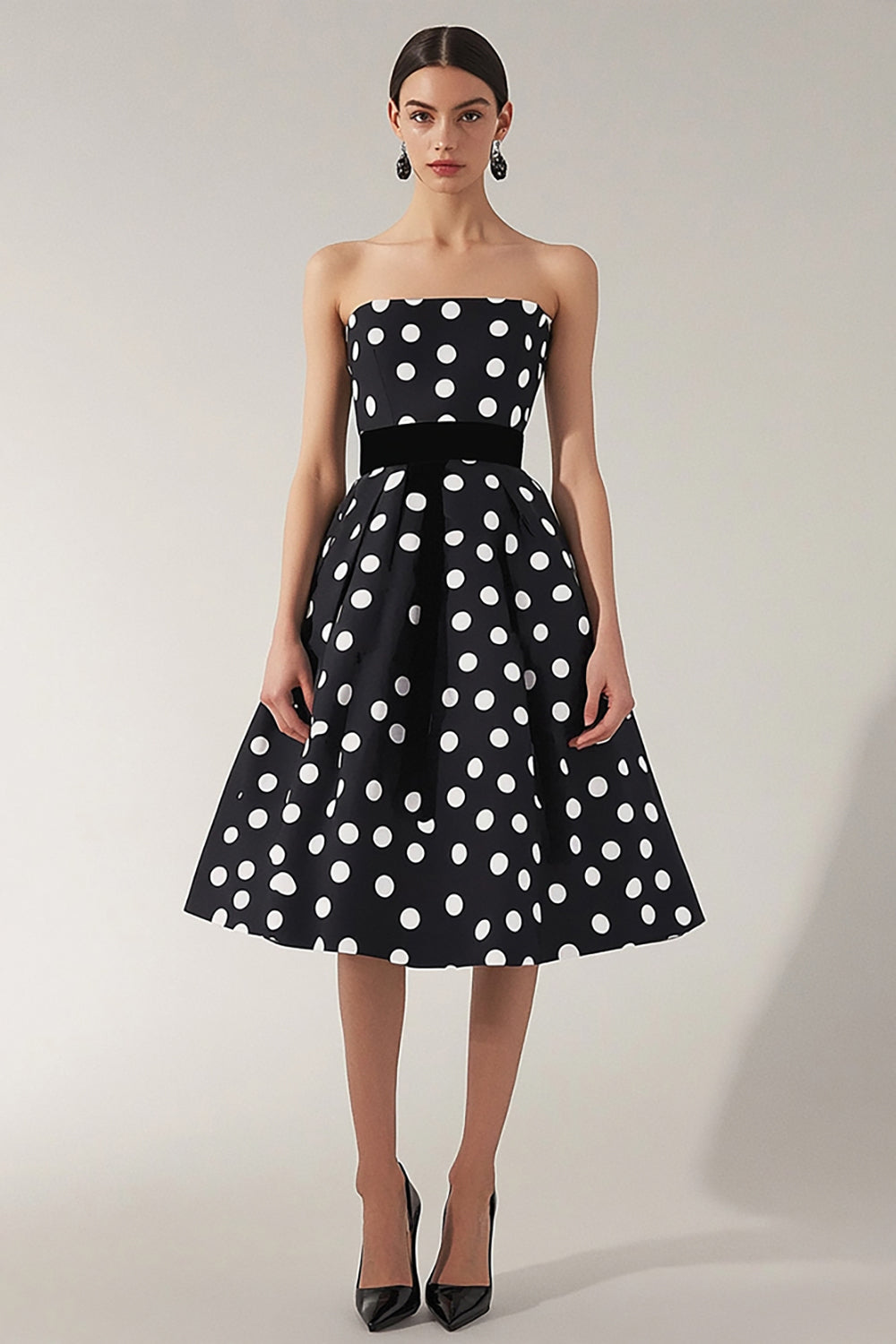 Black and White Satin Strapless A Line Midi Polka Dot Dress