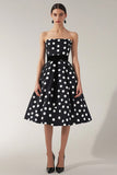 Black and White Satin Strapless A Line Midi Polka Dot Dress