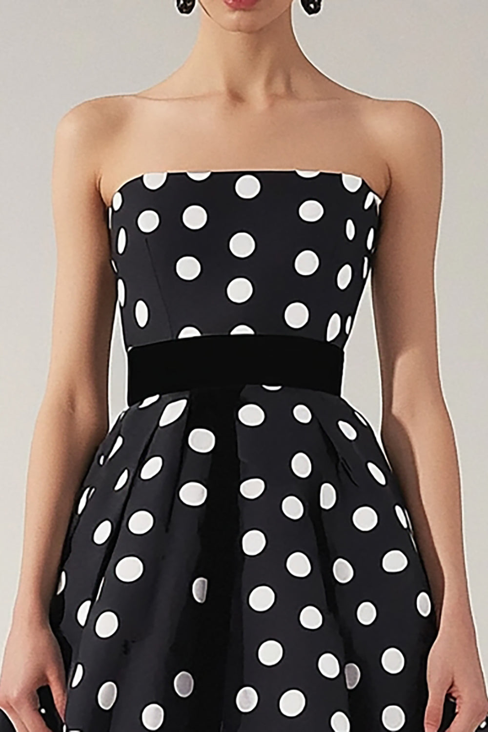 Black and White Satin Strapless A Line Midi Polka Dot Dress