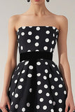 Black and White Satin Strapless A Line Midi Polka Dot Dress