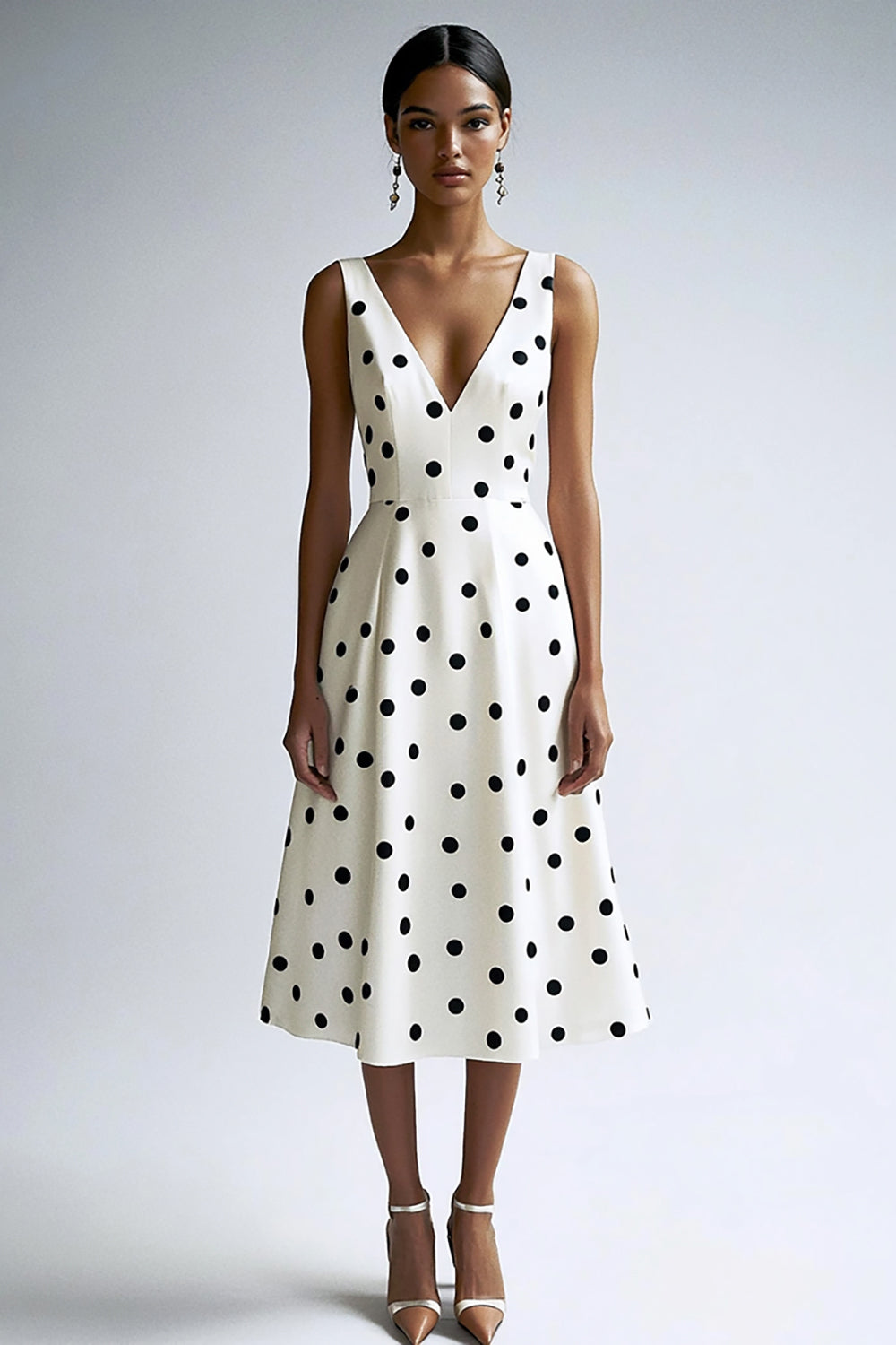 Black and White Satin V-Neck A Line Midi Polka Dot Dress