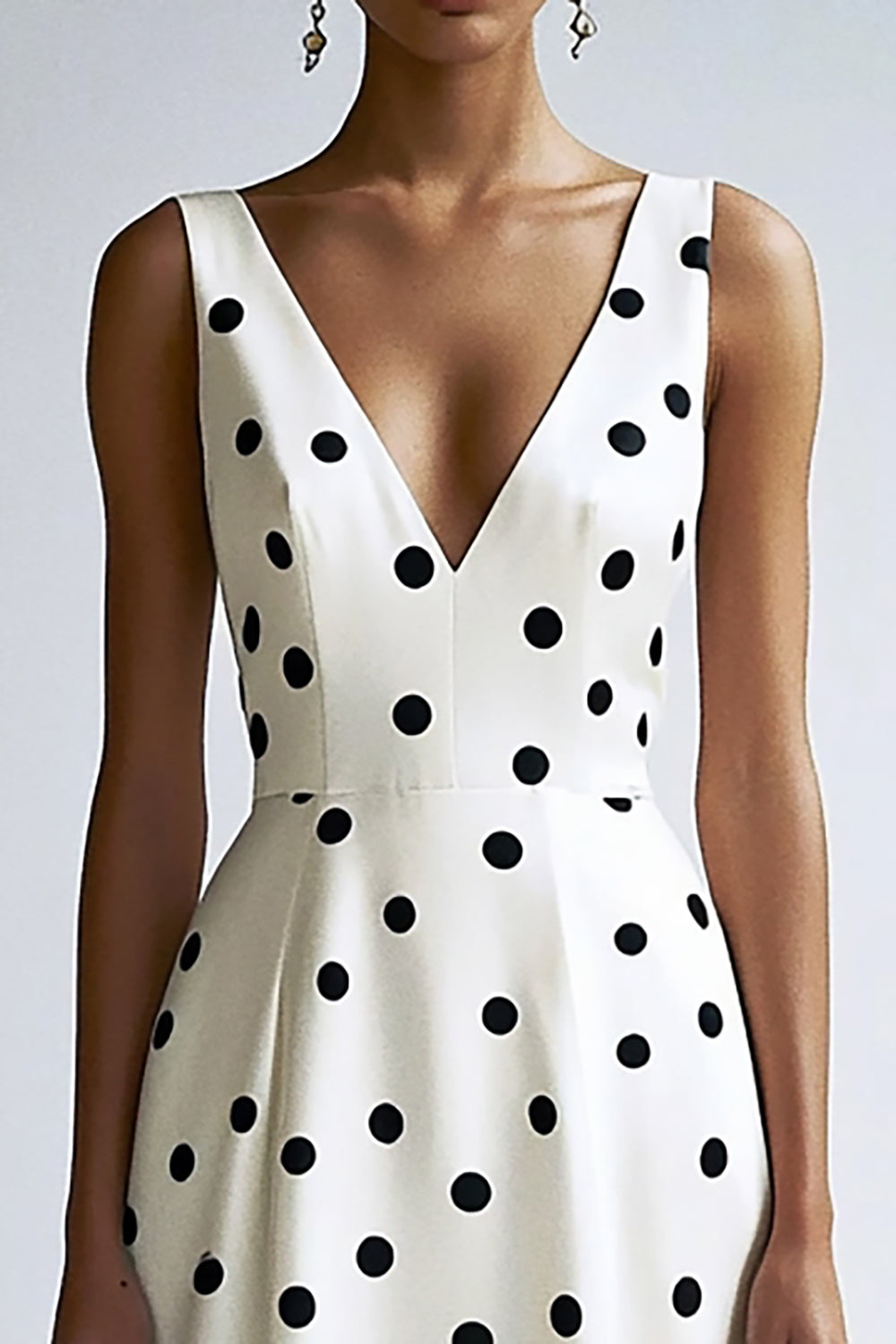 Black and White Satin V-Neck A Line Midi Polka Dot Dress