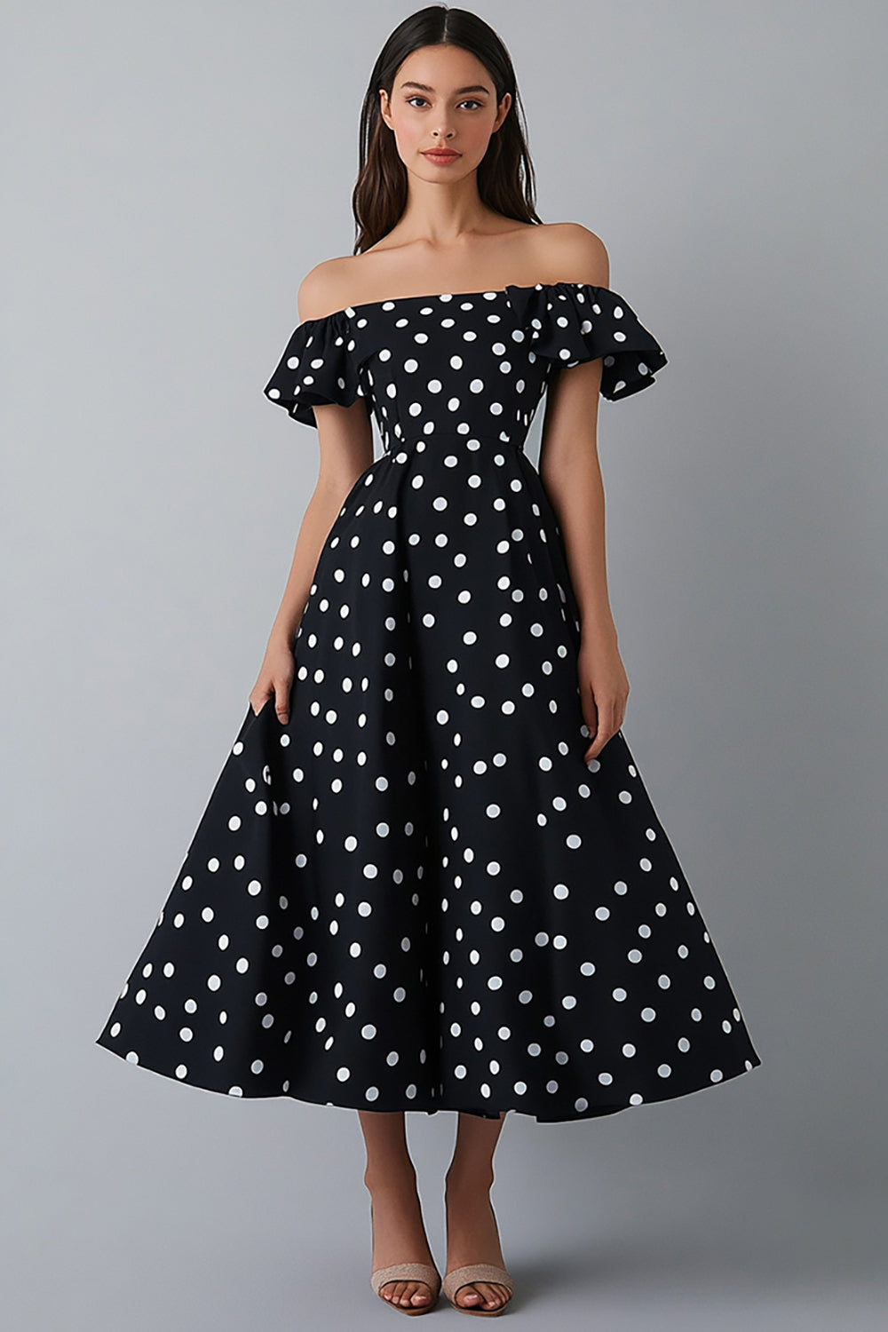 Black and White Maxi Satin Off the Shoulder A Line Polka Dot Dress