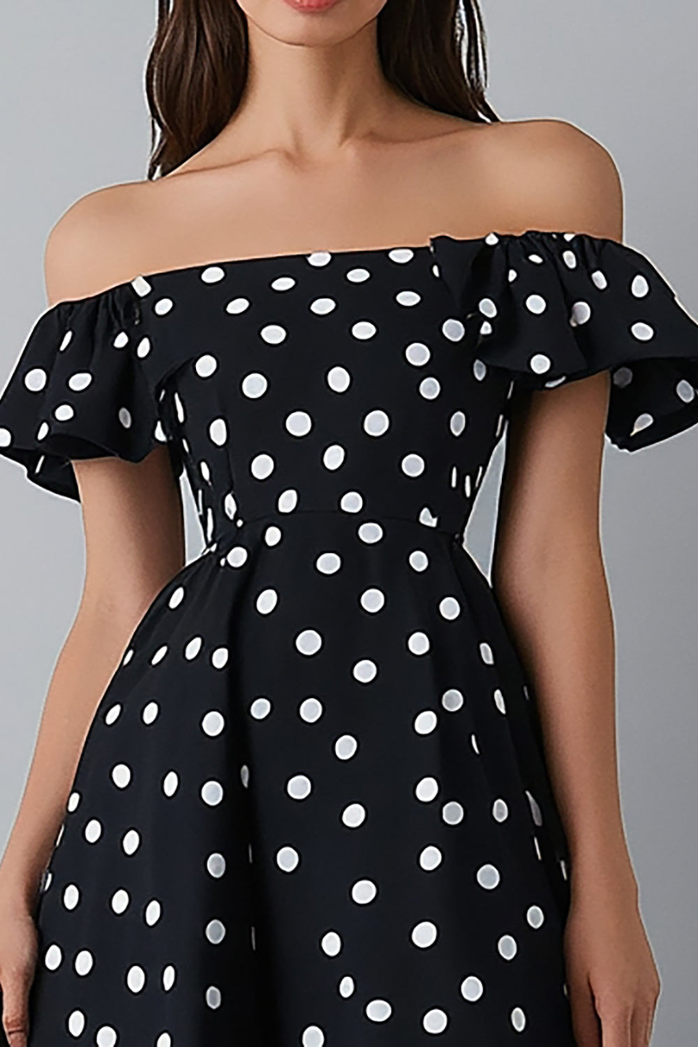 Black and White Maxi Satin Off the Shoulder A Line Polka Dot Dress