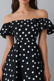 Black and White Maxi Satin Off the Shoulder A Line Polka Dot Dress