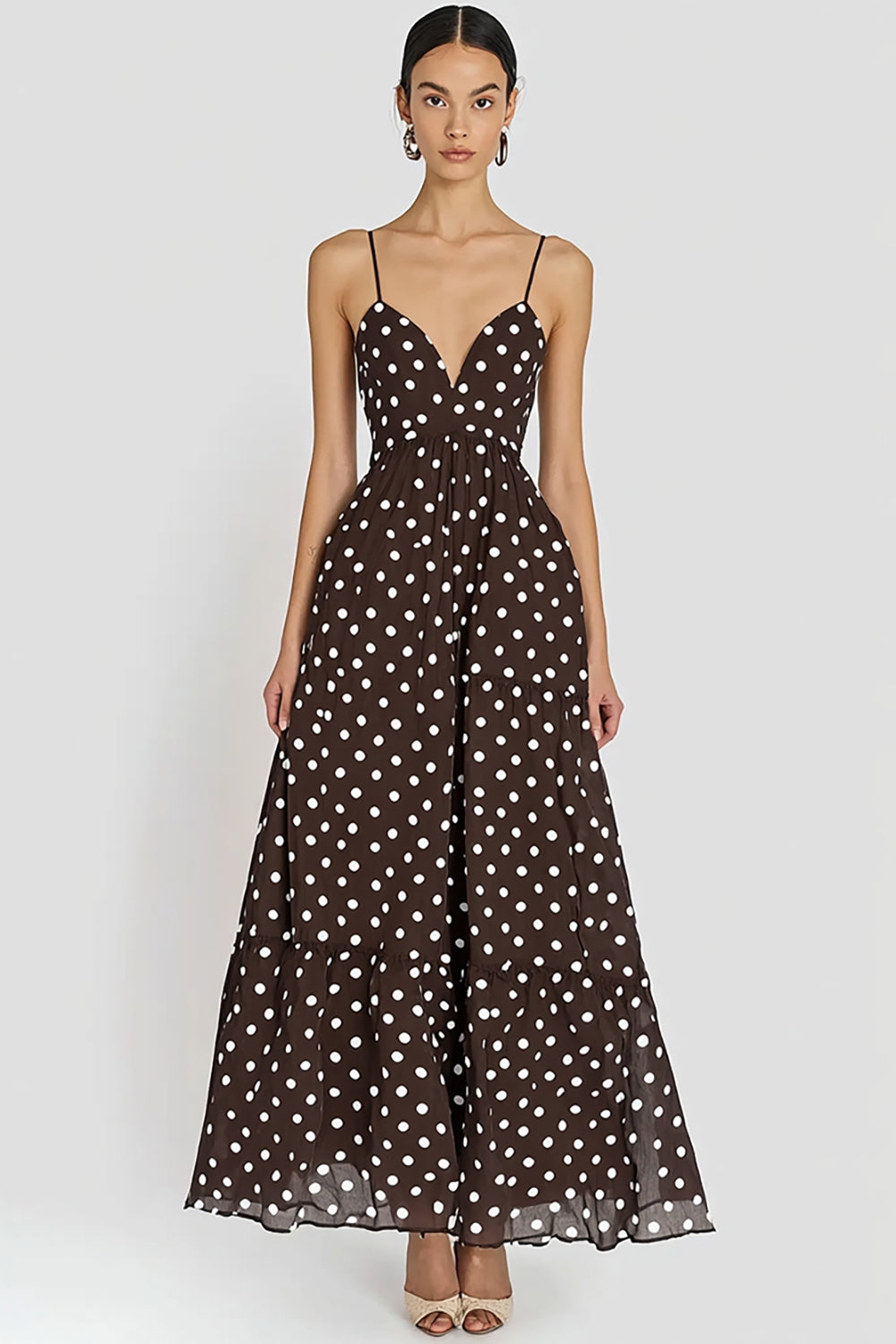 Coffee and White Chiffon Spaghetti Straps A Line Boho Maxi Polka Dot Dress