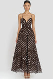 Coffee and White Chiffon Spaghetti Straps A Line Boho Maxi Polka Dot Dress