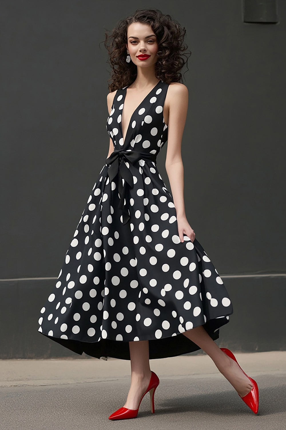 Black and White Satin Maxi Deep V-Neck A Line Polka Dot Dress with Bow