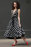 Black and White Satin Maxi Deep V-Neck A Line Polka Dot Dress with Bow