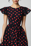 Black and Red Satin A Line Cap Sleeves Maxi Polka Dot Dress with Ruffles