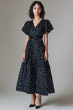 Black and White Satin V-Neck Maxi A Line Polka Dot Dress