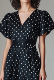 Black and White Satin V-Neck Maxi A Line Polka Dot Dress