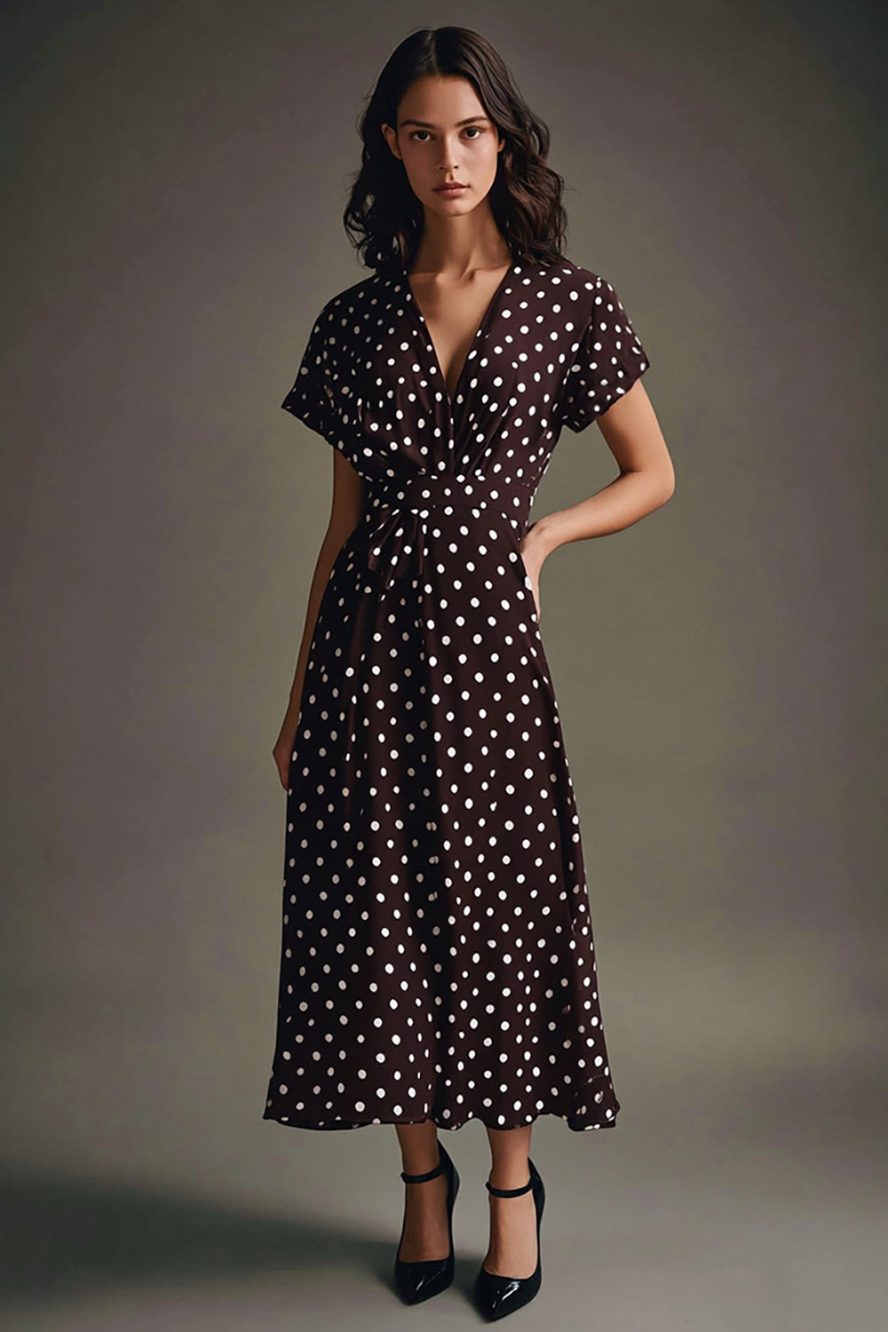 Coffee and White V-Neck Maxi Chiffon Polka Dot Dress with Short Sleeves