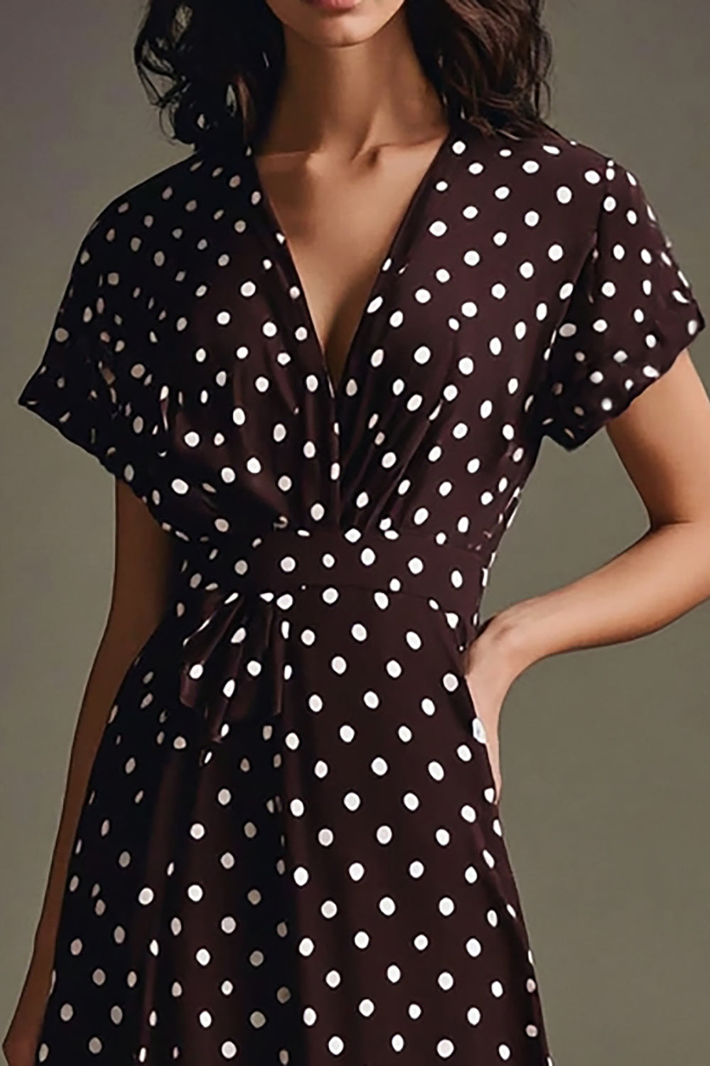 Coffee and White V-Neck Maxi Chiffon Polka Dot Dress with Short Sleeves