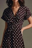 Coffee and White V-Neck Maxi Chiffon Polka Dot Dress with Short Sleeves