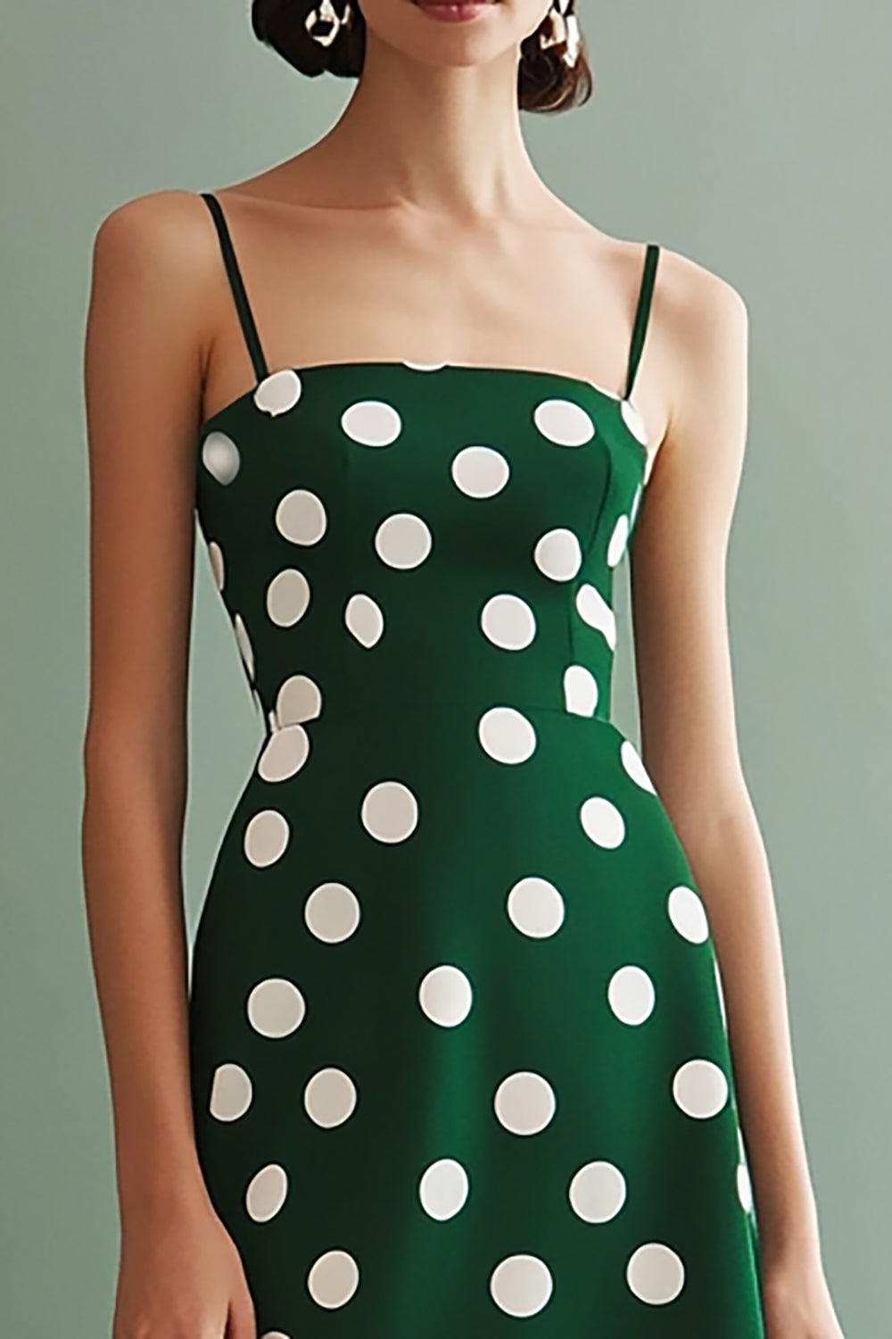 Green and White Chiffon Spaghetti Straps Boho A Line Midi Polka Dot Dress