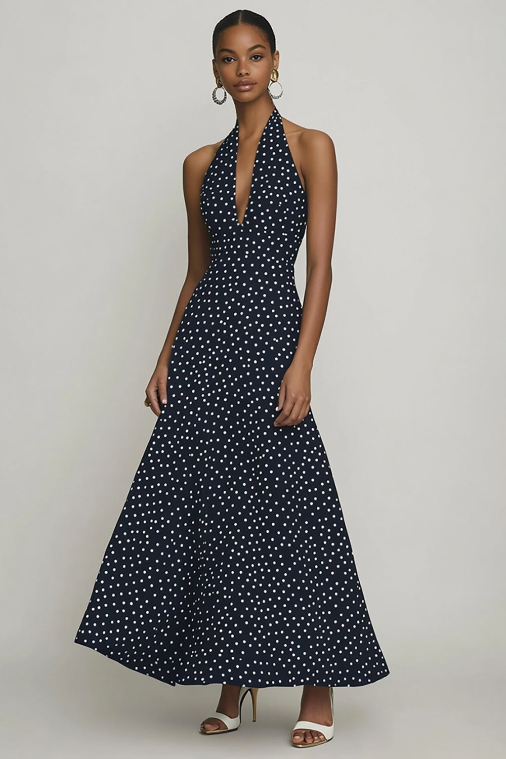 Black White Halter A Line Long Polka Dots Dress