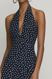 Black White Halter A Line Long Polka Dots Dress