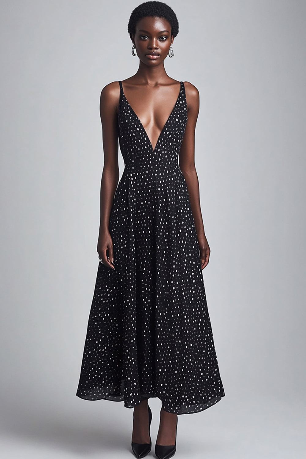Black and White Chiffon Deep V-Neck Maxi Boho A Line Polka Dot Dress