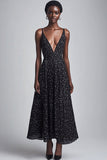 Black and White Chiffon Deep V-Neck Maxi Boho A Line Polka Dot Dress