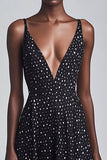 Black and White Chiffon Deep V-Neck Maxi Boho A Line Polka Dot Dress