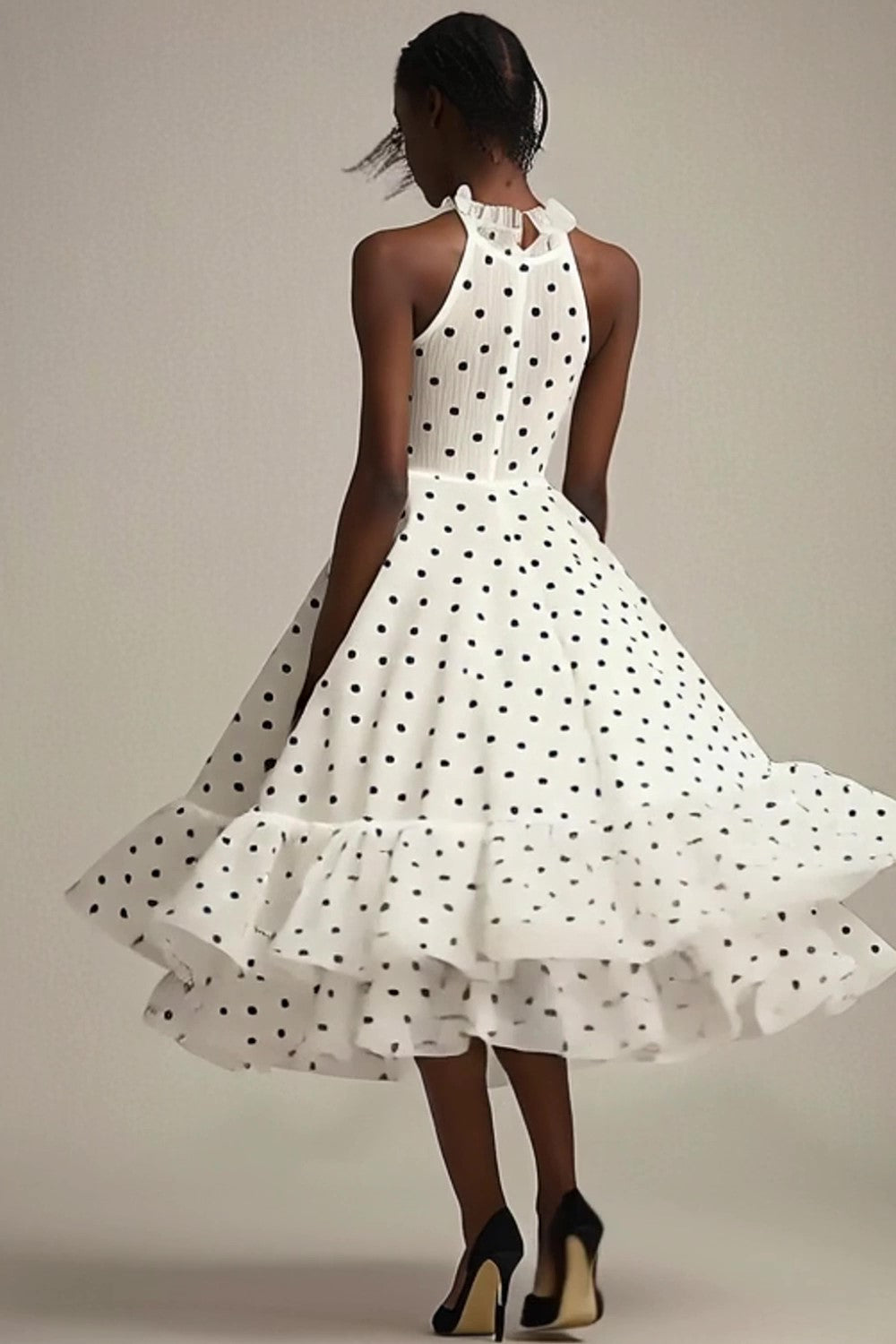 White and Black Tulle High Neck Tiered Maxi Polka Dot Dress with Ruffles