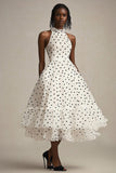 White and Black Tulle High Neck Tiered Maxi Polka Dot Dress with Ruffles