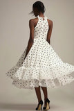 White and Black Tulle High Neck Tiered Maxi Polka Dot Dress with Ruffles