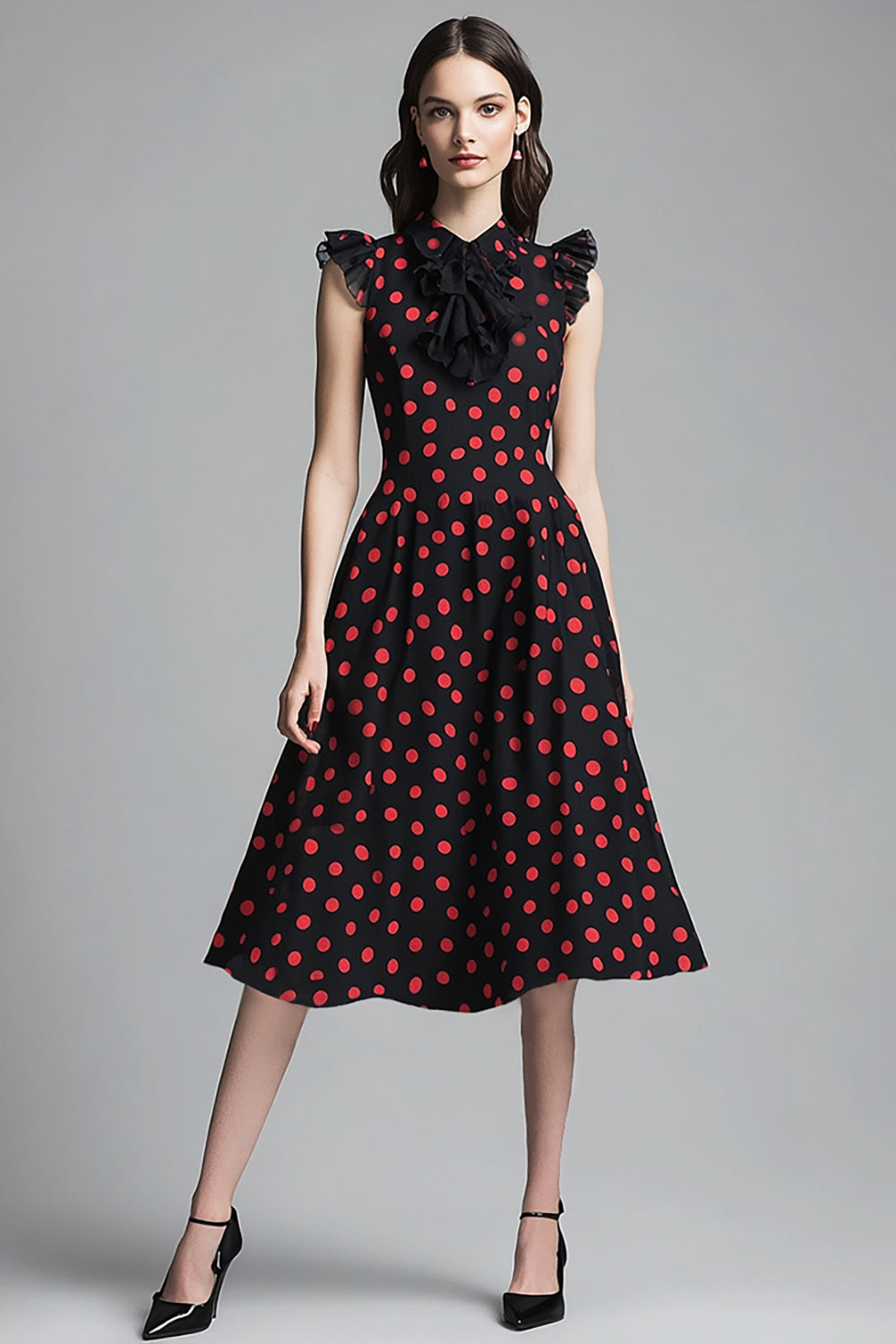 Black and Red Chiffon A Line High Neck Midi Polka Dot Dress with Ruffles