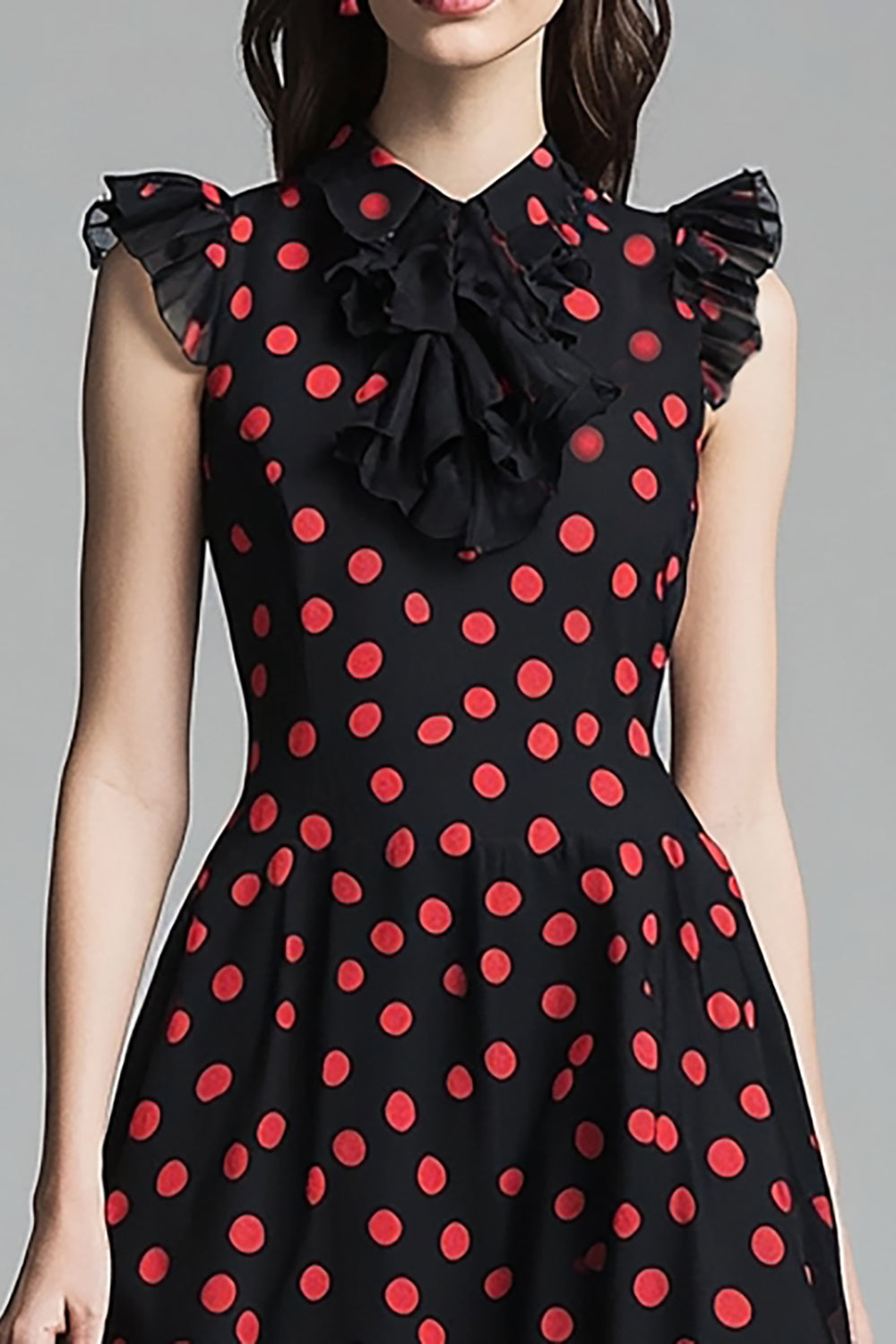 Black and Red Chiffon A Line High Neck Midi Polka Dot Dress with Ruffles