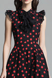 Black and Red Chiffon A Line High Neck Midi Polka Dot Dress with Ruffles
