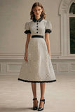 Black and White A Line Midi Short Sleeves Polka Dot Dress with Ruffles